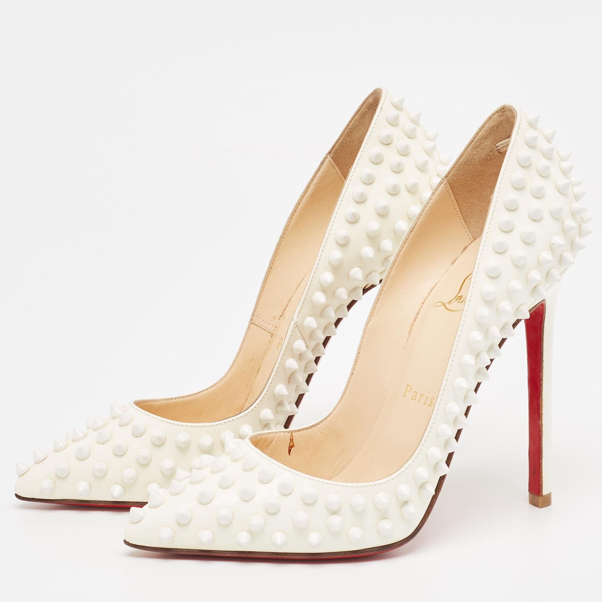 Christian Louboutin White Patent Leather Pigalle Spikes Pumps Size 36.5 For Sale 1