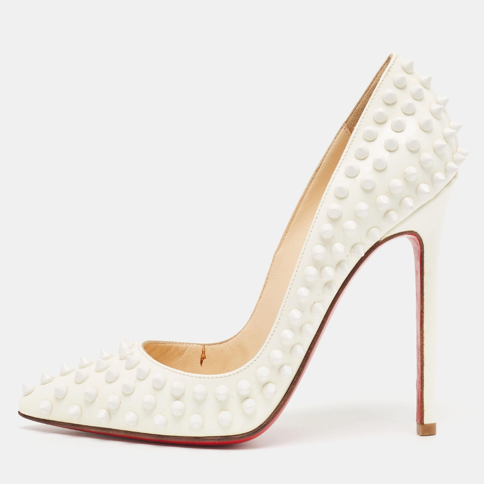 Christian Louboutin White Patent Leather Pigalle Spikes Pumps Size 36.5 For Sale 2