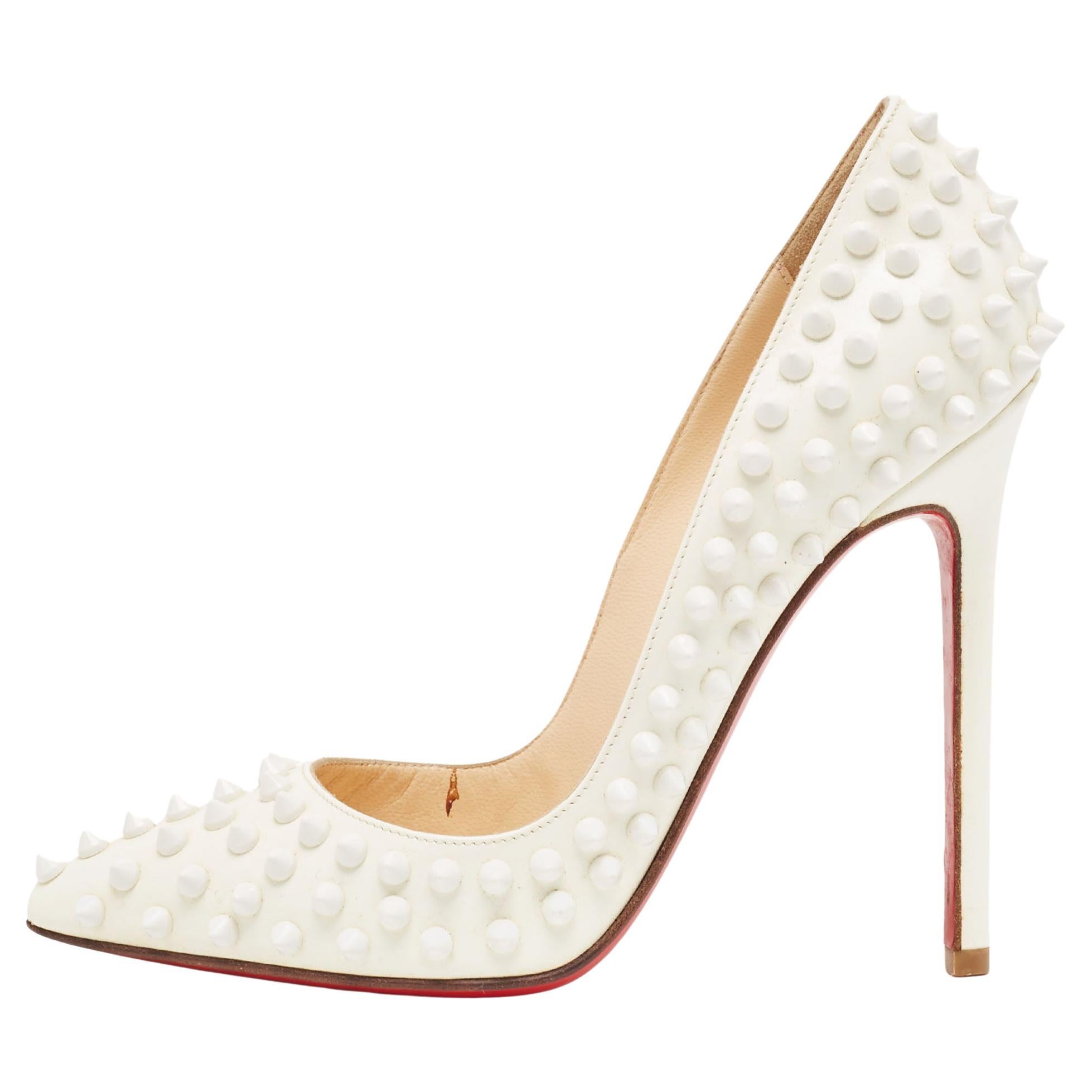 Christian Louboutin White Patent Leather Pigalle Spikes Pumps Size 36.5 For Sale