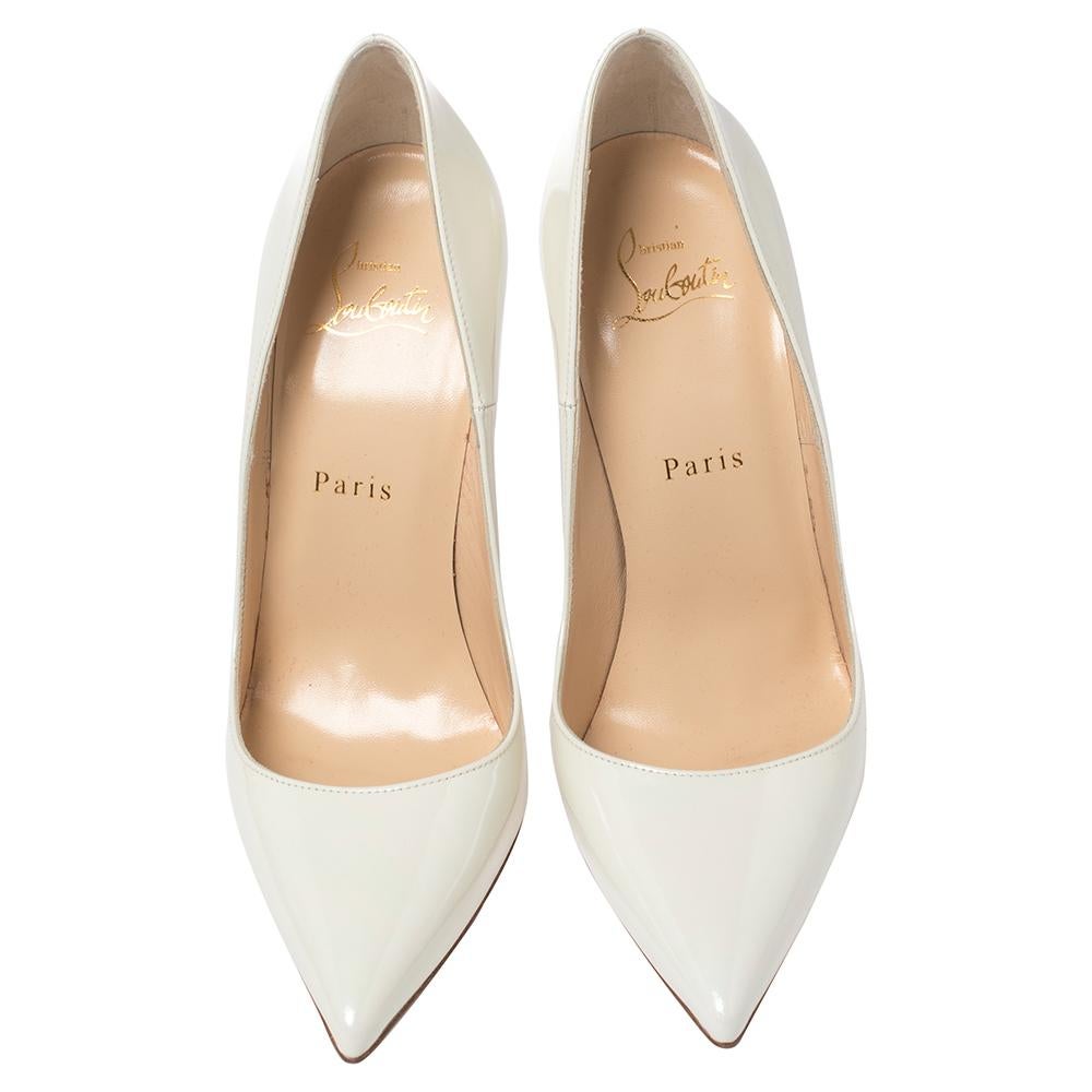 One of Christian Louboutin's most loved styles is the So Kate—named after English model, actress, and businesswoman, Kate Moss. These So Kate pumps in white are rendered in glossy patent leather, flaunting well-cut vamps, and high stiletto heels
