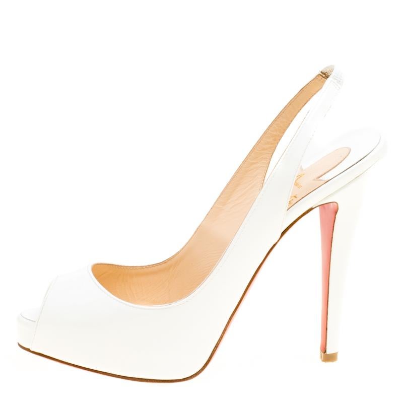 Women's Christian Louboutin White Patent Leather Very Prive Slingback Sandals Size 37