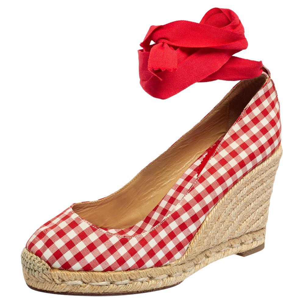 Christian Louboutin White/Red Canvas Espadrille Wedge Sandals Size 37 For Sale