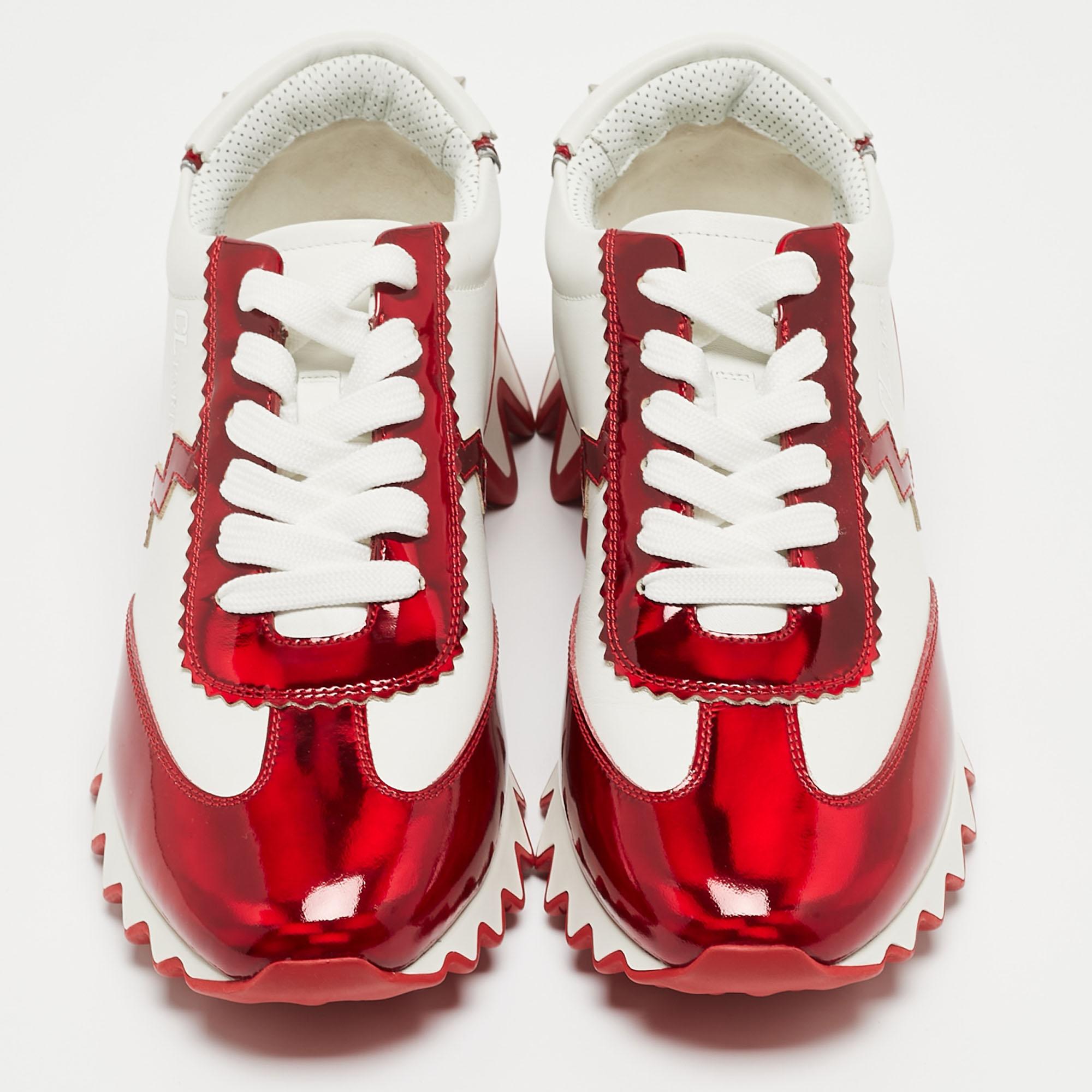 Women's Christian Louboutin White/Red Leather Loubishark Low Top Sneakers Size 39.5