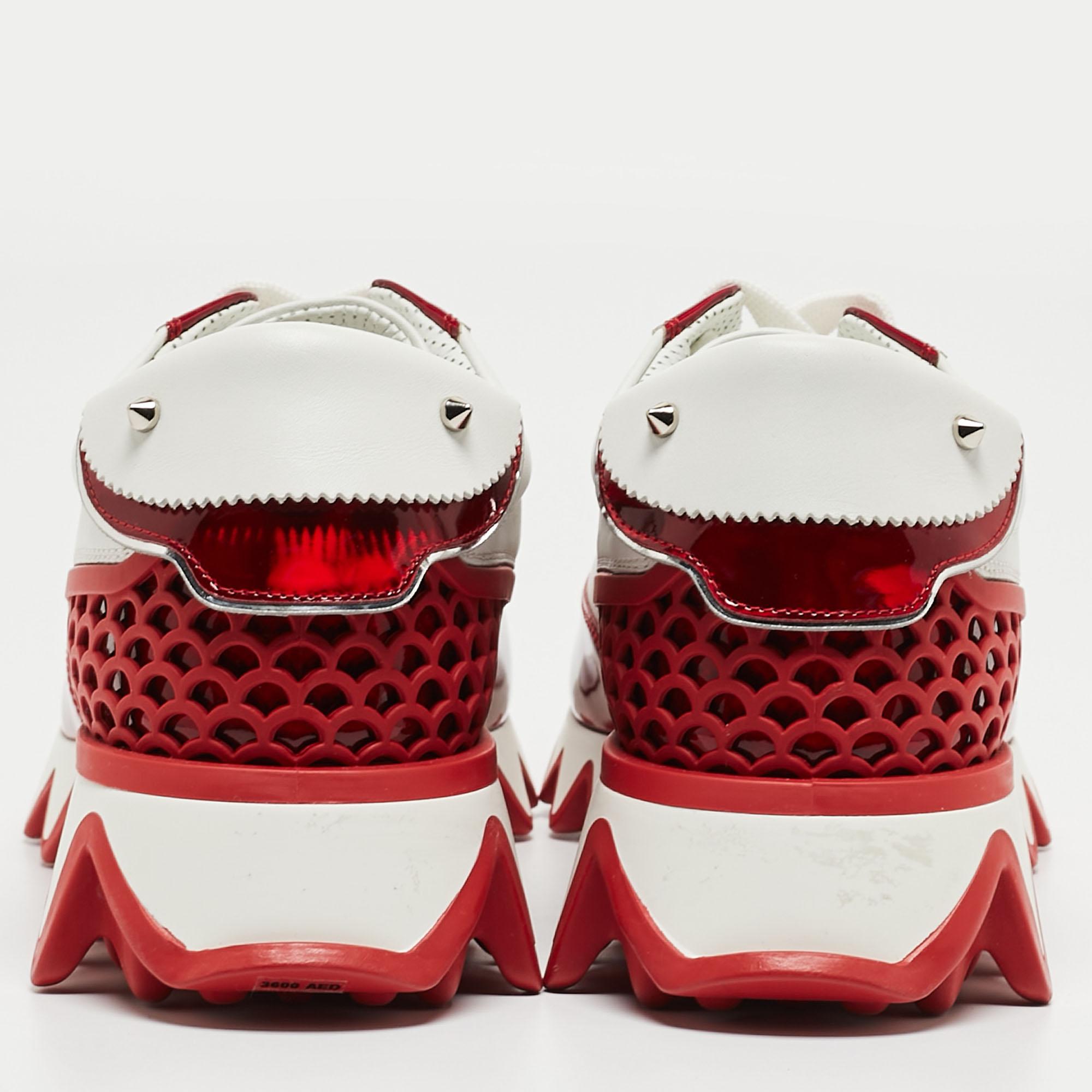 Christian Louboutin White/Red Leather Loubishark Low Top Sneakers Size 39.5 2