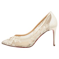 Christian Louboutin White Satin And Lace Neoalto Pointed Toe Pumps Size 38