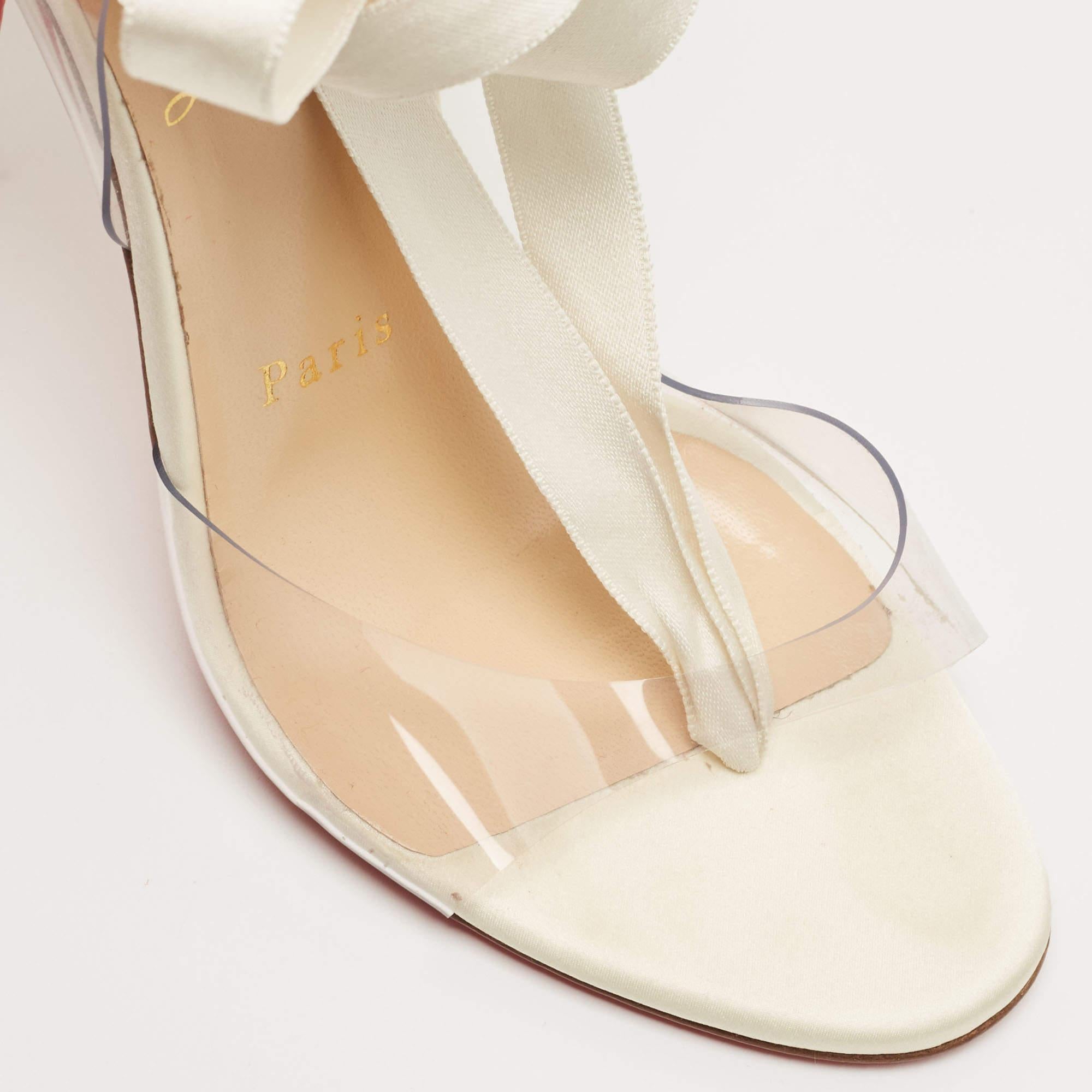 These white Christian Louboutin sandals will frame your feet in an elegant manner. Crafted from quality materials, they flaunt a classy display, comfortable insoles & durable heels.

Includes: Original Dustbag, Extra Heel Tips