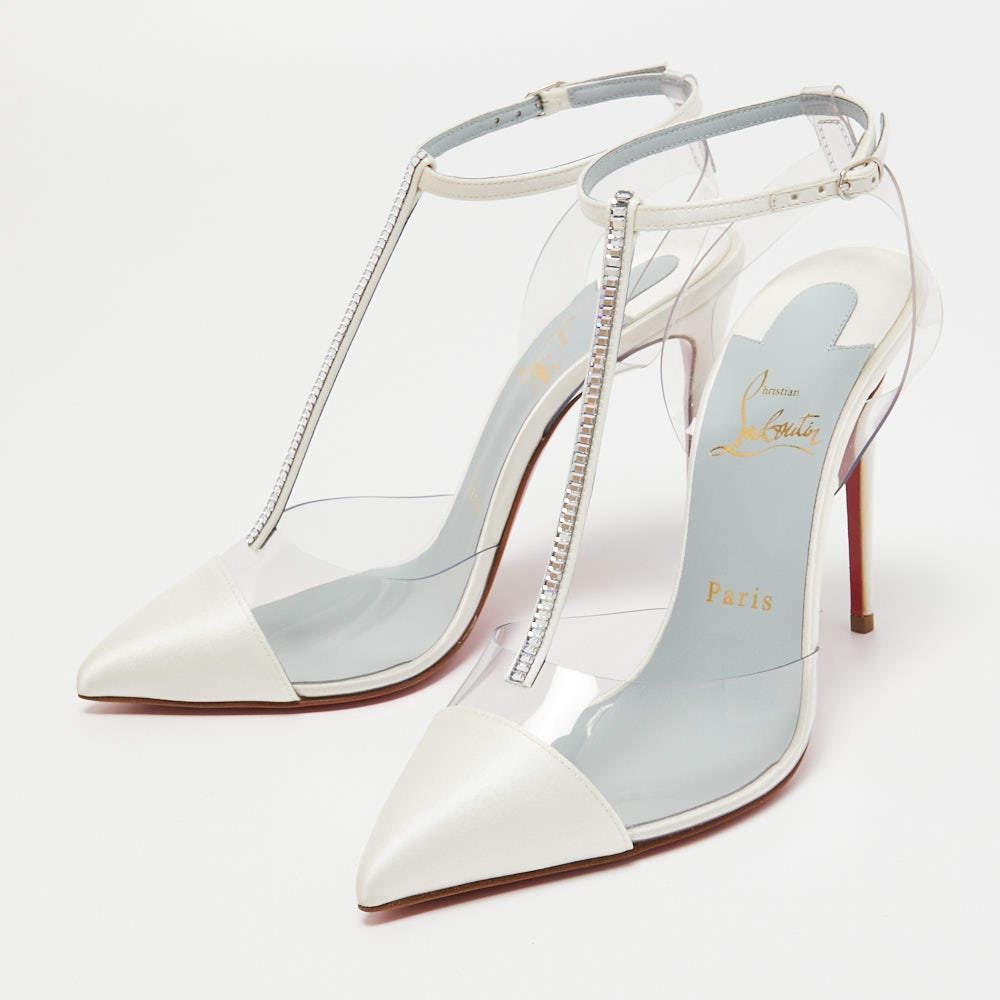 Christian Louboutin White Satin and PVC Nosy Strass T-Strap Pumps Size 37.5 In New Condition In Dubai, Al Qouz 2