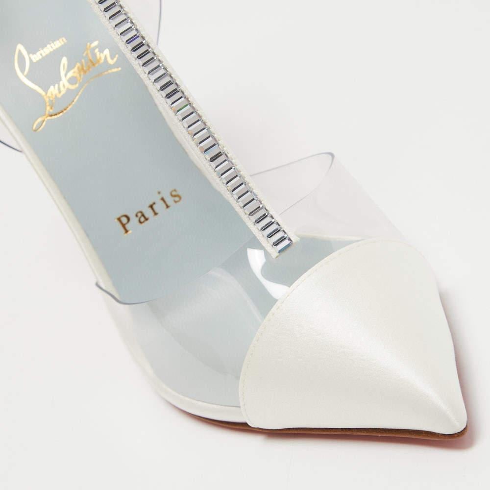 Christian Louboutin White Satin and PVC Nosy Strass T-Strap Pumps Size 37.5 1