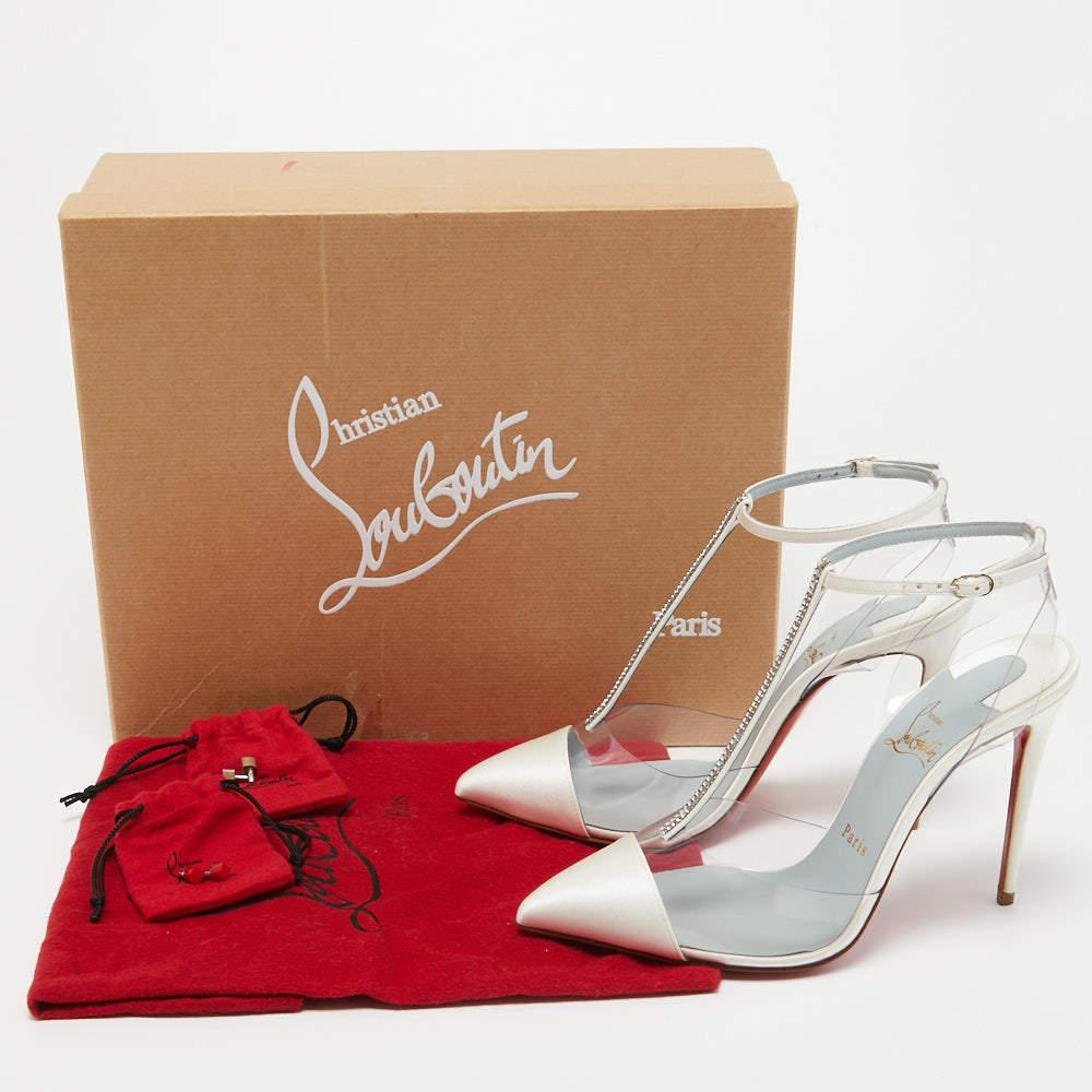 Christian Louboutin White Satin and PVC Nosy Strass T-Strap Pumps Size 37.5 2