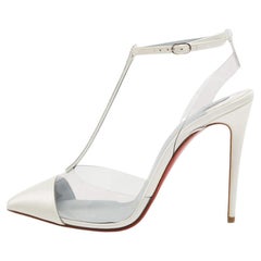 Christian Louboutin White Satin and PVC Nosy Strass T-Strap Pumps Size 37.5