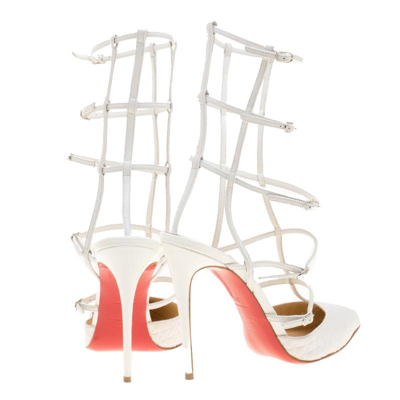 Christian Louboutin White Scallop Embossed Leather Kadreyana Pointed Toe Cage Sa In Good Condition In Dubai, Al Qouz 2