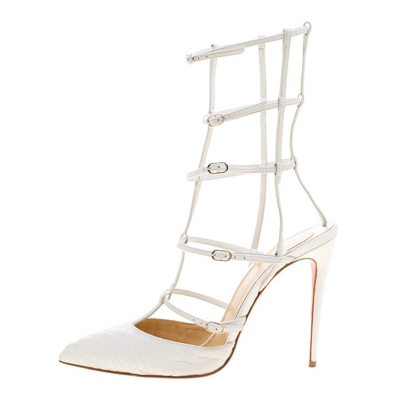 Christian Louboutin White Scallop Embossed Leather Kadreyana Pointed Toe Cage Sa 2