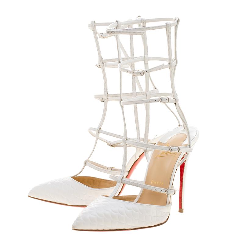 Christian Louboutin White Scallop Embossed Leather Kadreyana Pointed Toe Cage Sa 3