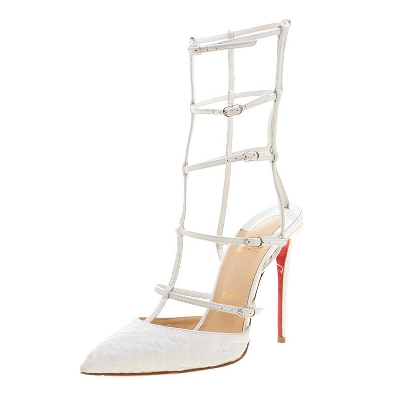 Christian Louboutin White Scallop Embossed Leather Kadreyana Pointed Toe Cage Sa