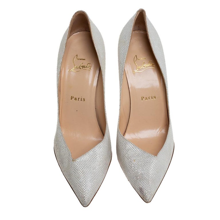 Christian Louboutin White Shimmery Fabric Completa Pointed Toe Pumps ...