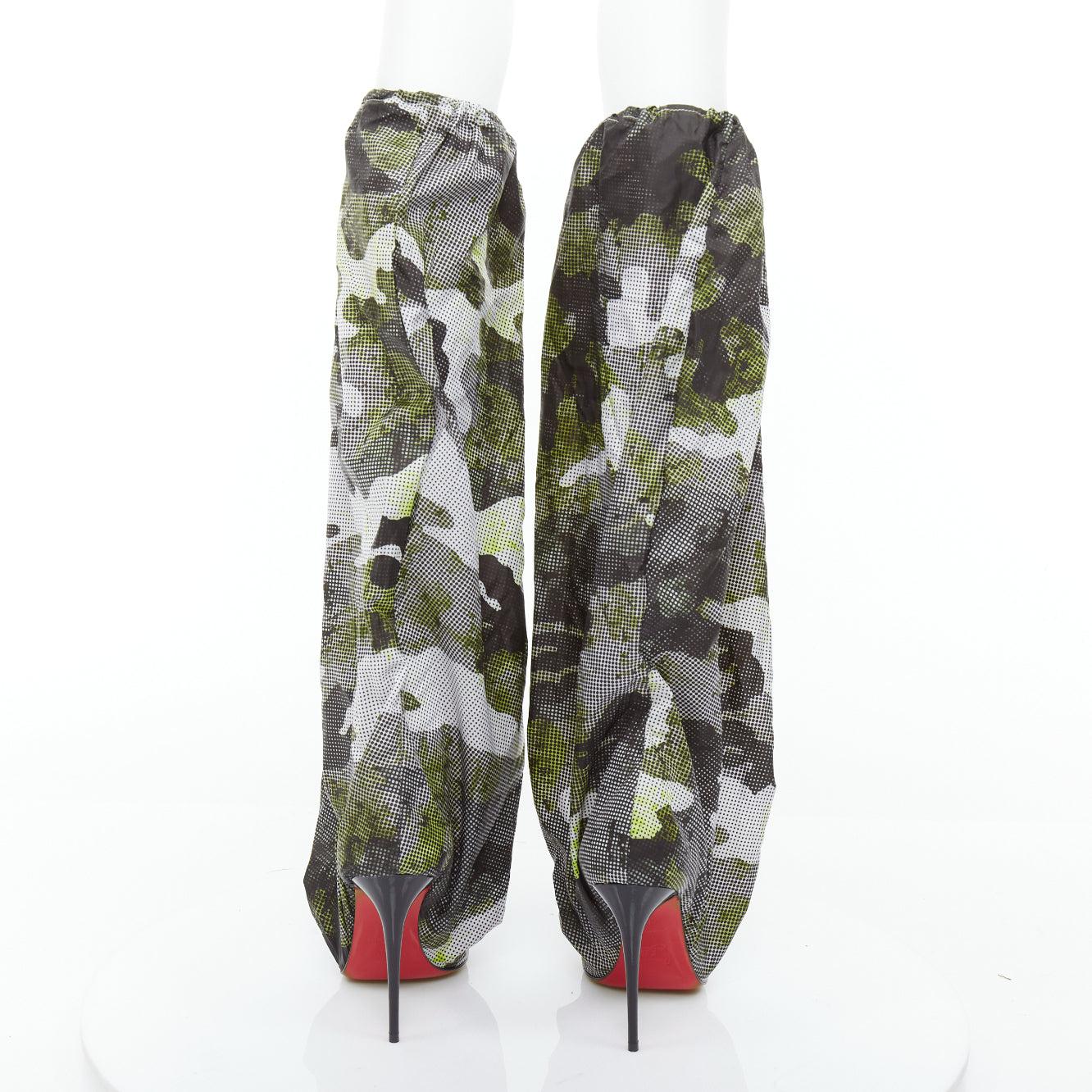 Women's CHRISTIAN LOUBOUTIN Wind Botta 100 green camo nylon heel boots EU38