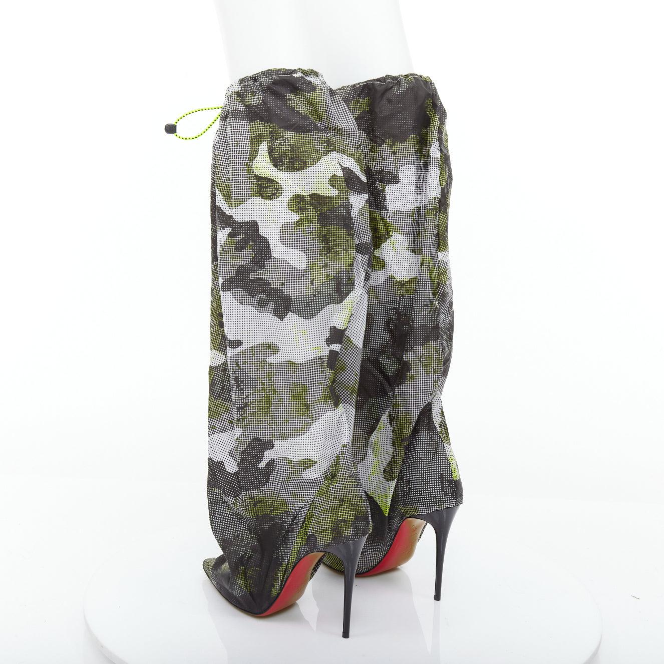 Women's CHRISTIAN LOUBOUTIN Wind Botta 100 green camo nylon heel boots EU38