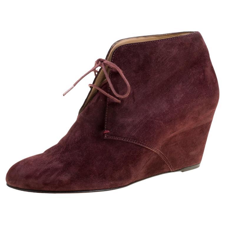 Christian Louboutin Wine Suede Compacta Wedge Heel Lace Up Boots Size 38 For Sale