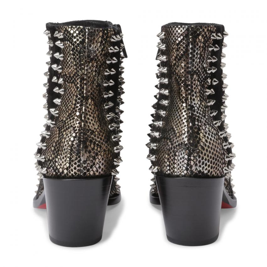Presented in a slim silhouette, Christian Louboutin's With My Guitar Donna boots are set on a 65mm heel and detailed with rows of signature spikes along with panels of calfskin, suede and python-print leather and a gold-tone metallic effect.