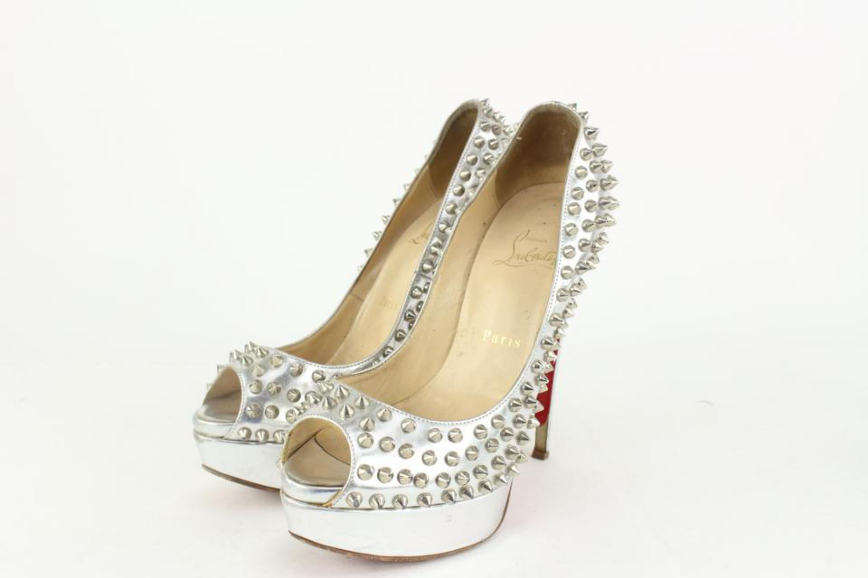 Christian Louboutin Women's 38.5 Silver Spike Lady Peep Open Toe Platforms 1122c For Sale 5