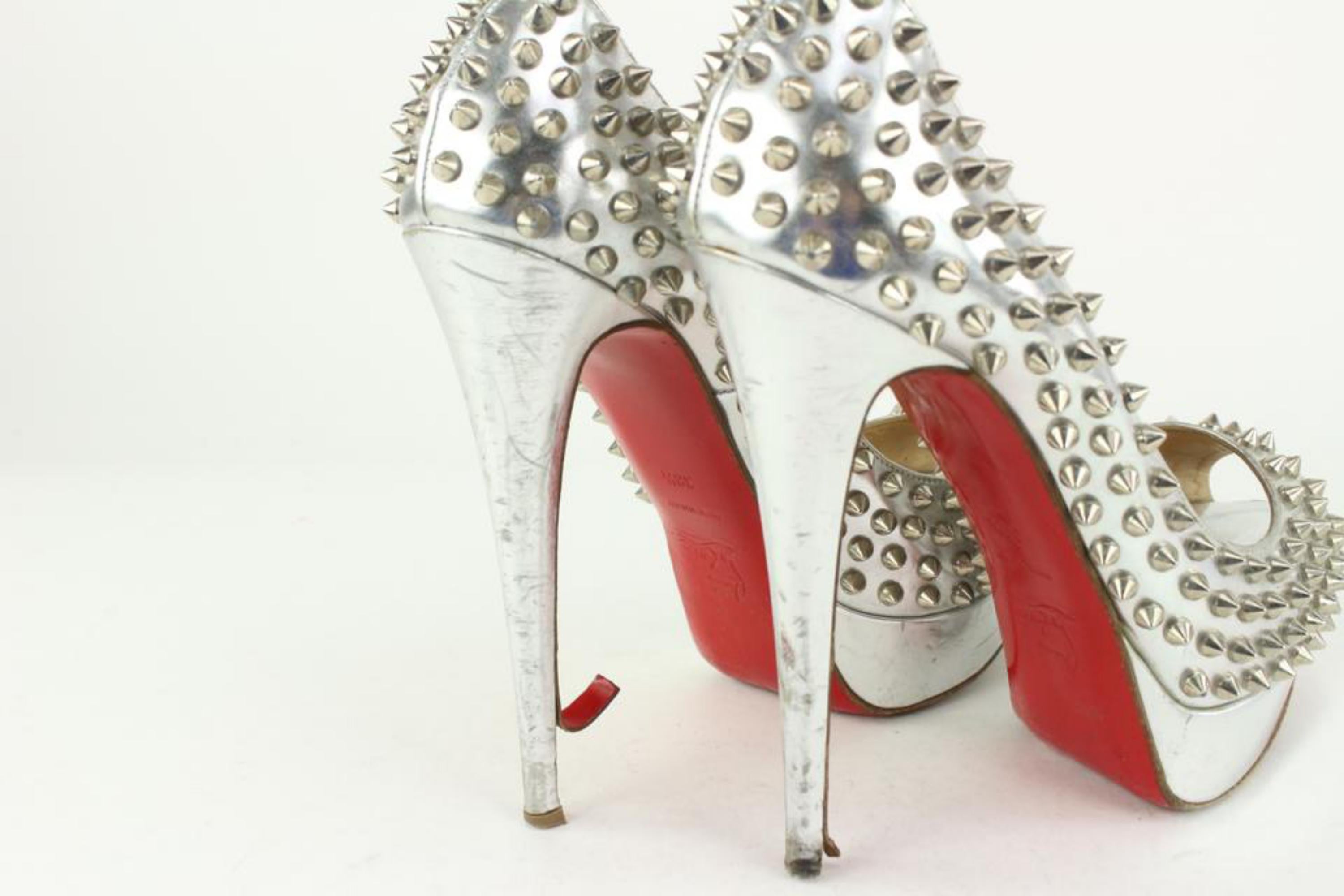 Christian Louboutin Women's 38.5 Silver Spike Lady Peep Open Toe Platforms 1122c For Sale 2