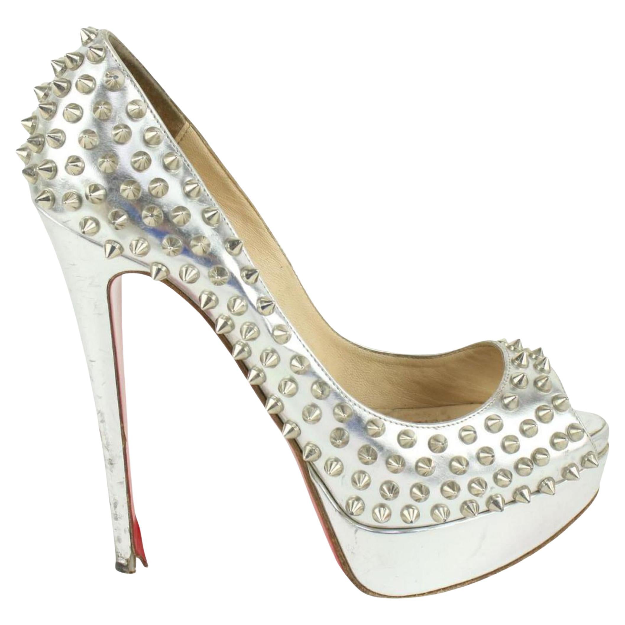 Christian Louboutin Women's 38.5 Silver Spike Lady Peep Open Toe Platforms 1122c