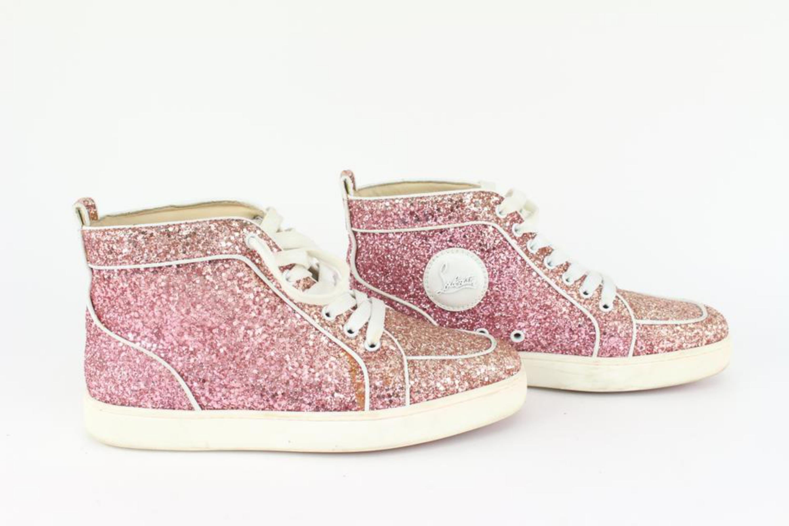 Beige Christian Louboutin Women's 40.5 Pink Glitter Flat Rantus Orlato Sneaker 126cl2 For Sale