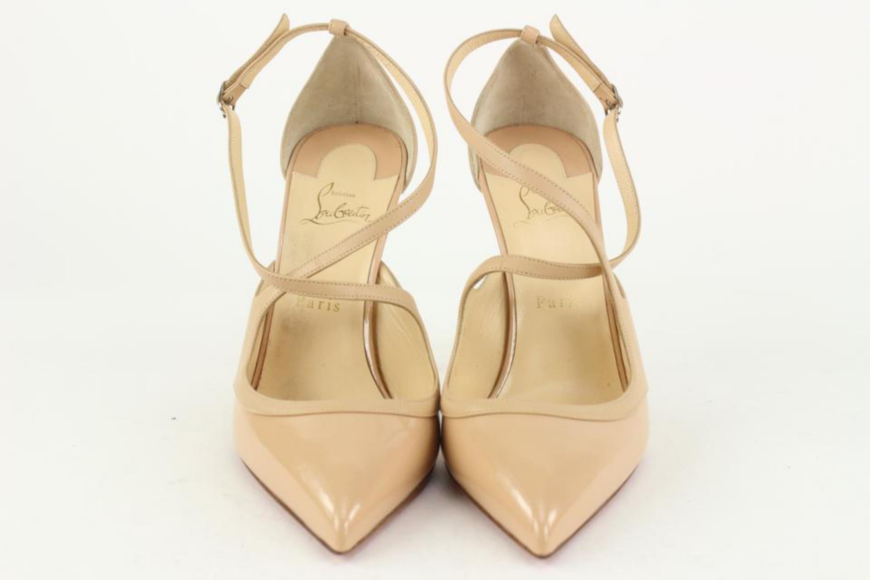 Christian Louboutin Women's 41 Nude Patent Leather Crosspiga Strappy Heel 1CL111 In New Condition In Dix hills, NY