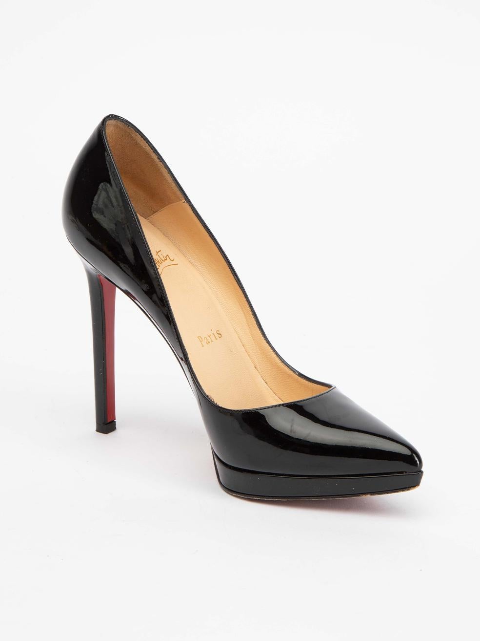 CONDITION is Very good. Hardly any wear to shoes is evident other than light wear to soles on this used Christian Louboutin designer resale item. 
 
 Details
  Black
 Patent leather
 Slip on heels
 Pointed toe
 Platform high heel
 Leather interior
