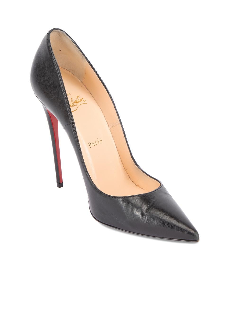 CONDITION is Very good. Minimal wear to heels is evident. Minimal wear to the the exterior leather at the vamp and there are scuffs to the toe point. There is also wear to the red bottoms on this used Christian Louboutin designer resale item. This
