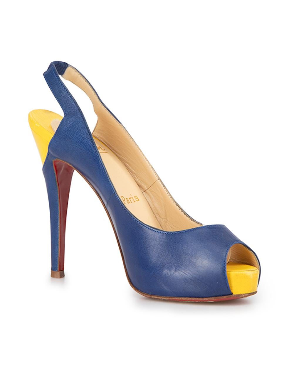 CONDITION is Good. General wear to shoes is evident. Moderate signs of wear to both heels and toe platforms with scuffing on this used Christian Louboutin designer resale item.



Details


Blue

Leather

Slingback heels

Colour block accent

Peep