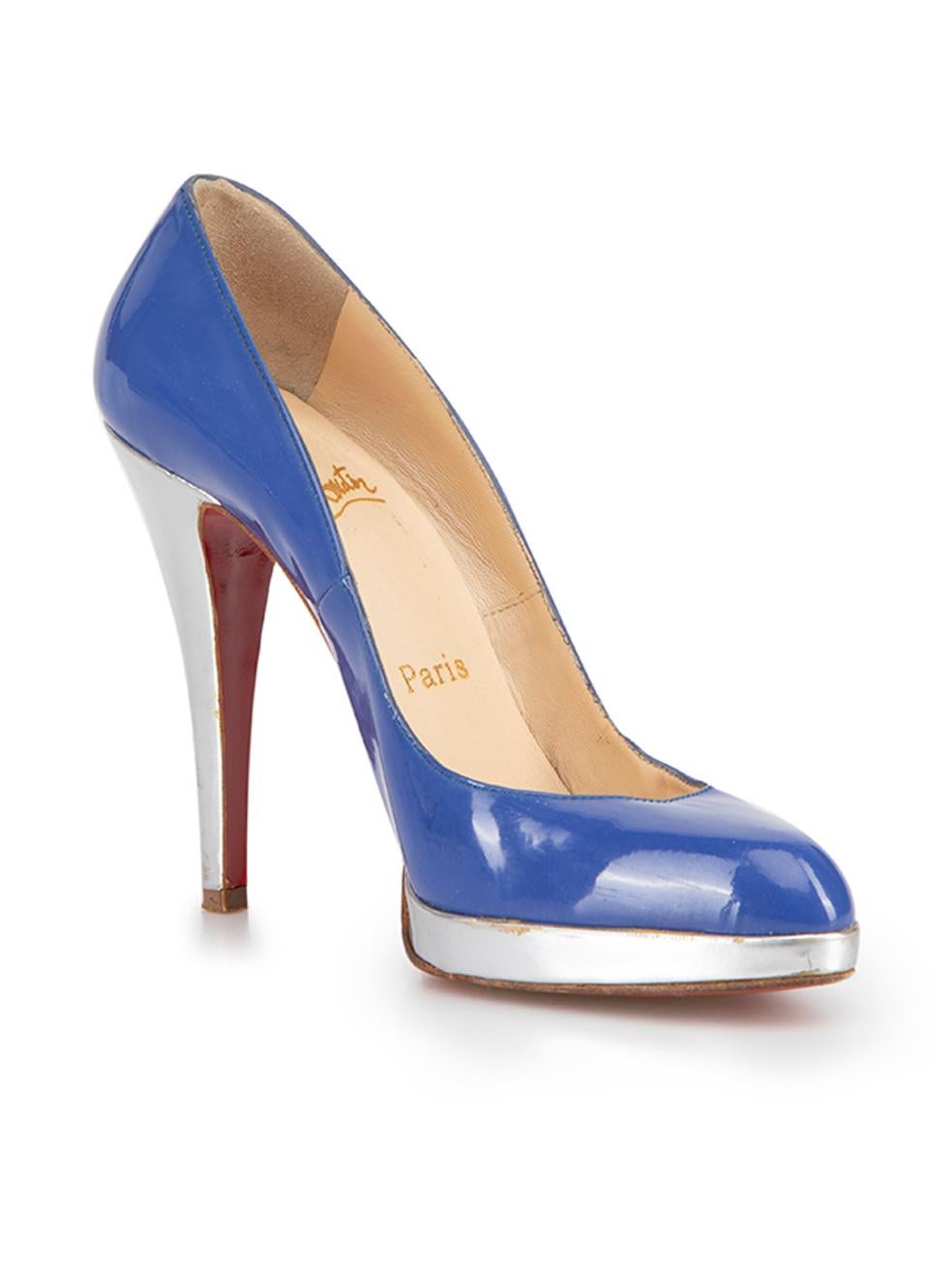 CONDITION is Good. General wear to shoes is evident. Moderate signs of wear to both platforms and heel stems with moderate scuff marks, dark mark and discoloured flecks to the side of the left shoe on this used Christian Louboutin designer resale