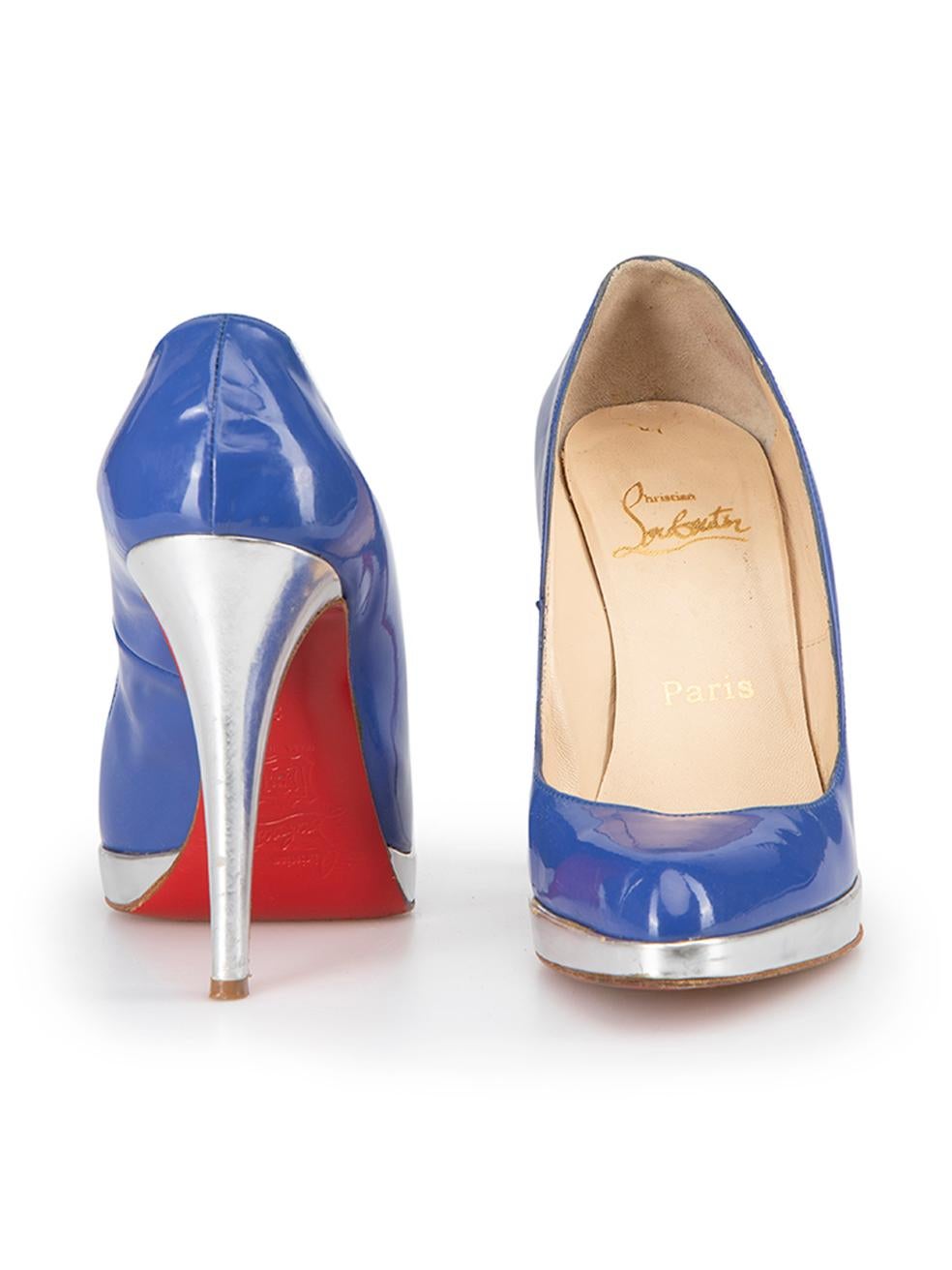 Christian Louboutin Women's Blue Patent Leather Silver Detail Pumps In Good Condition For Sale In London, GB