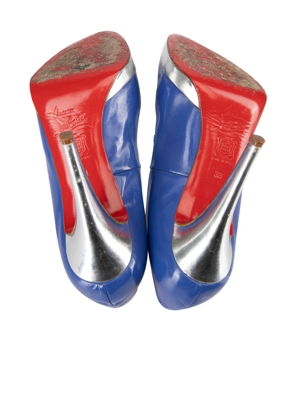 Christian Louboutin Women's Blue Patent Leather Silver Detail Pumps For Sale 2