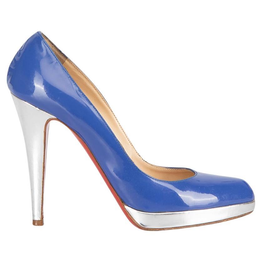 Christian Louboutin Women's Blue Patent Leather Silver Detail Pumps For Sale