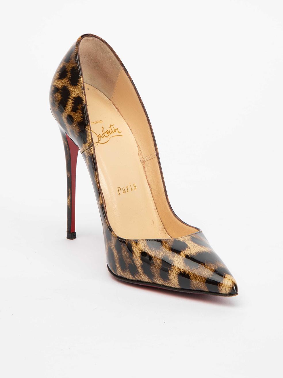 CONDITION is Very good. Hardly and wear to shoes is evident other than light wear to soles and heel tips on this used Christian Louboutin designer resale item. 
 
 Details
  Brown
 Patent leather
 Slip on heels
 Leopard print
 Pointed toe
 High