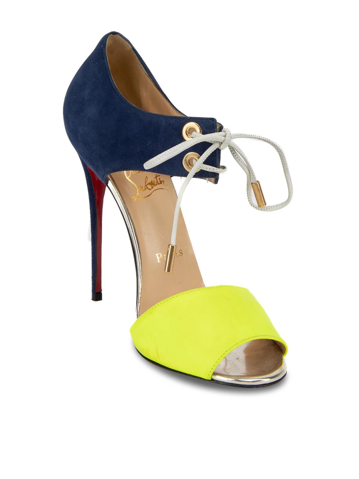 CONDITION is Good. Minor wear to heels is evident. Light wear to the front strap where marks can be seen. There is also wear to the outer suede fabric and the outsole on this used Christian Louboutin designer resale item.   Details  Multicolour-