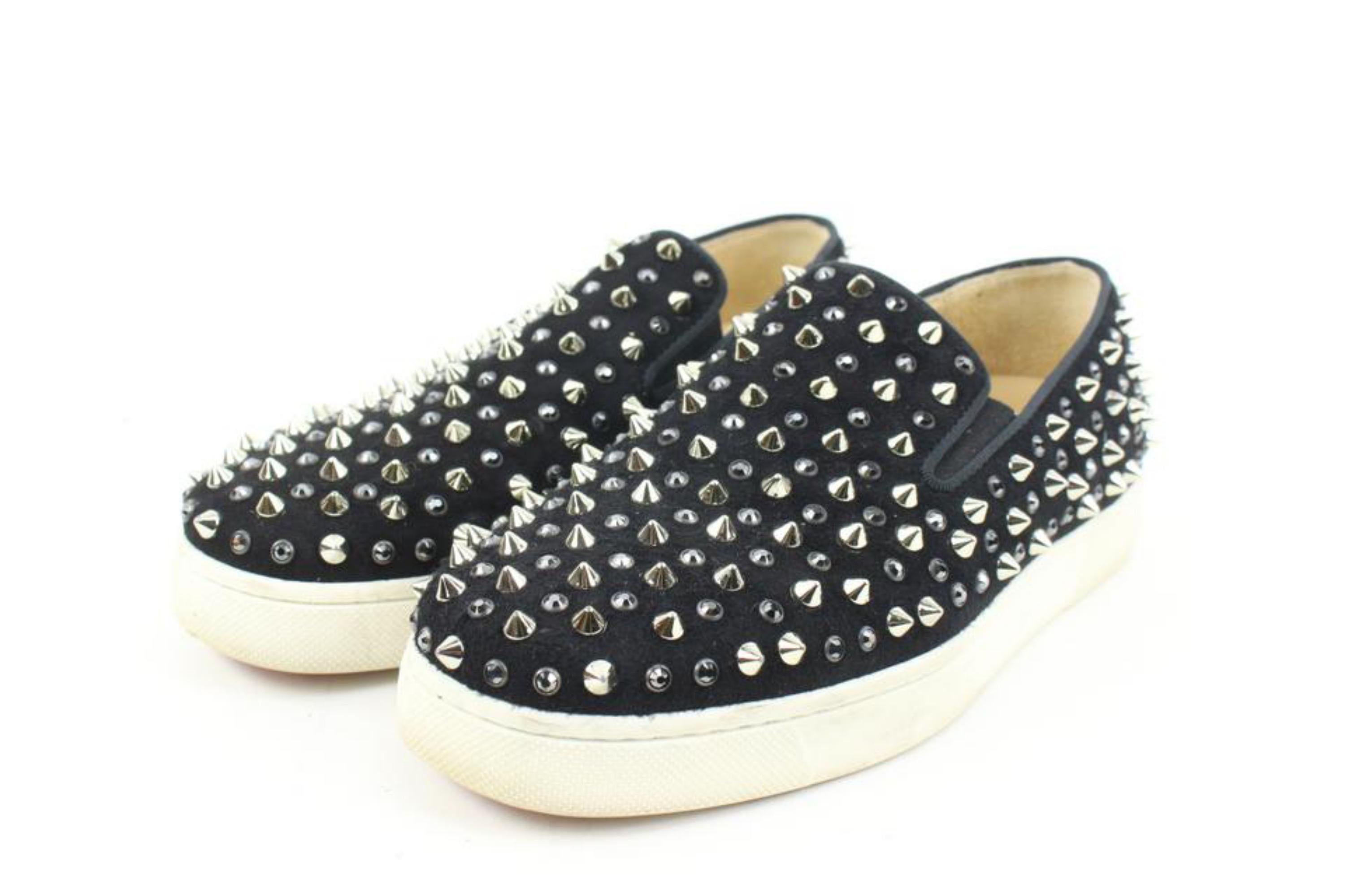 Christian Louboutin Women's Sz 34 Black Suede Spikes and Crystals Roller Boat 20 For Sale 5
