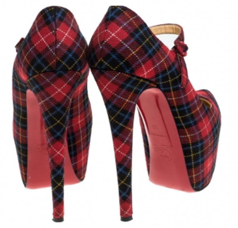 Noir Christian Louboutin Wool Blend Check Daffodils Mary Jane Platform Pumps Taille 36 en vente