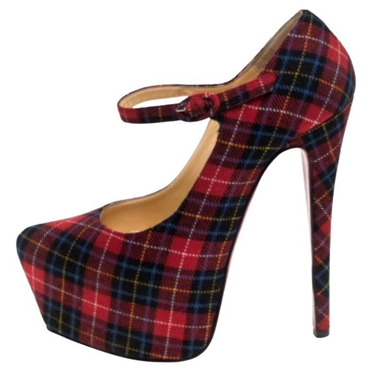 Christian Louboutin Wool Blend Check Daffodils Mary Jane Platform Pumps Taille 36 en vente