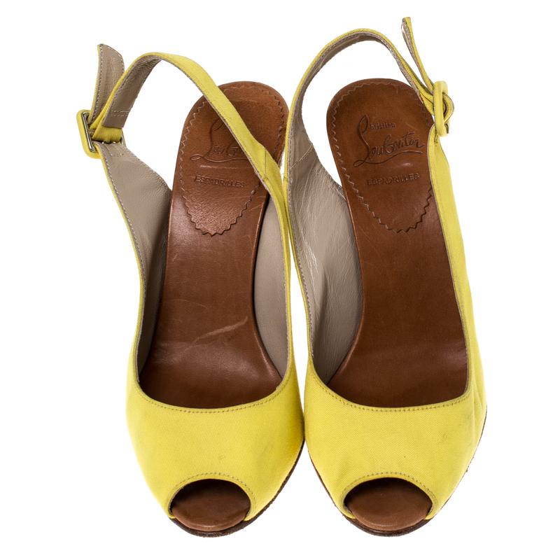 Beige Christian Louboutin Yellow Canvas Wedge Peep Toe Slingback Sandals Size 36