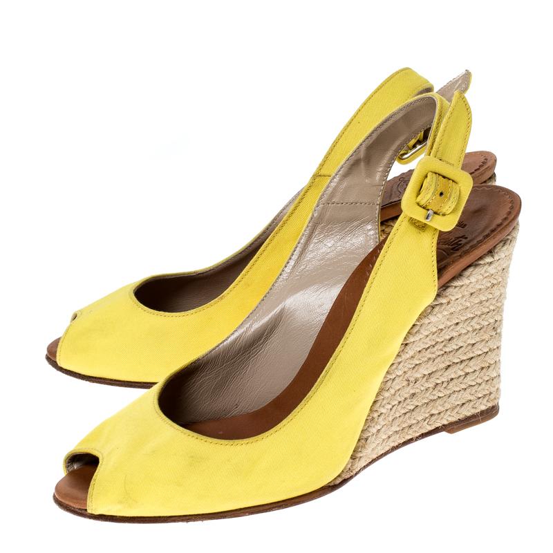 Women's Christian Louboutin Yellow Canvas Wedge Peep Toe Slingback Sandals Size 36