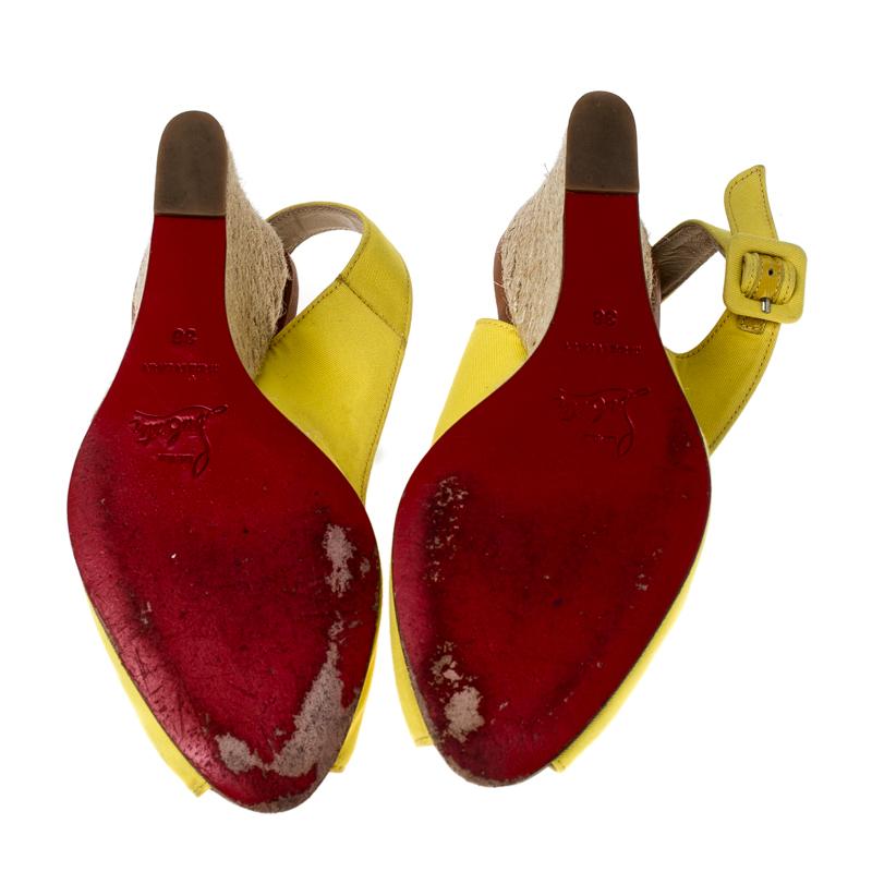 Christian Louboutin Yellow Canvas Wedge Peep Toe Slingback Sandals Size 36 2