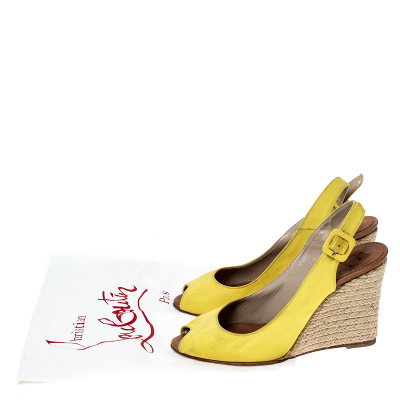 Christian Louboutin Yellow Canvas Wedge Peep Toe Slingback Sandals Size 36 3