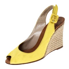 Christian Louboutin Yellow Canvas Wedge Peep Toe Slingback Sandals Size 36