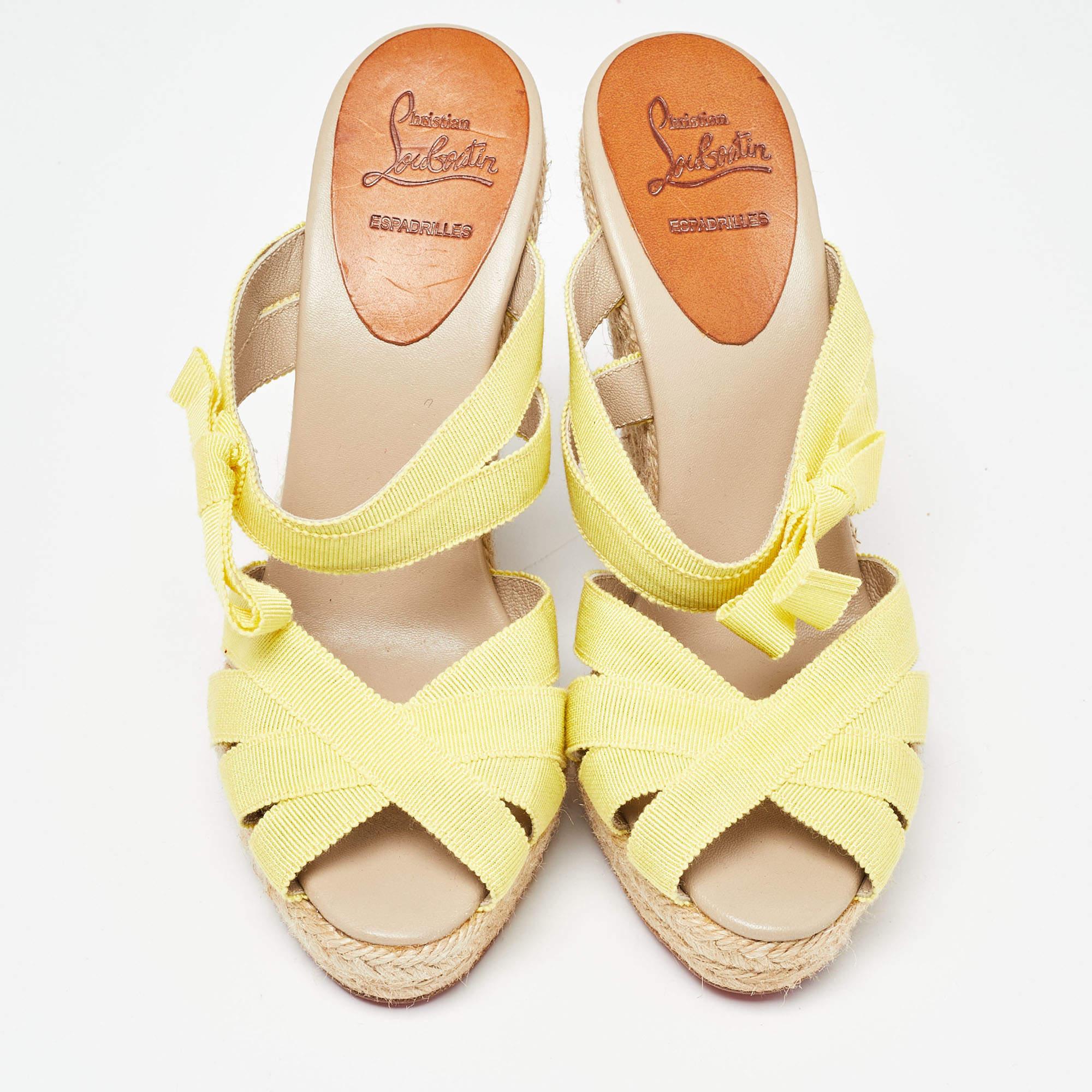 Christian Louboutin Yellow Fabric Delfin Espadrille Wedge Sandals Size 37 For Sale 1