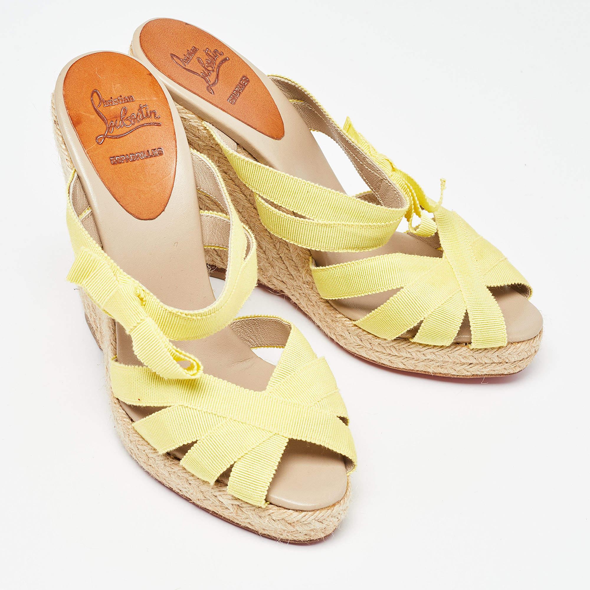 Christian Louboutin Yellow Fabric Delfin Espadrille Wedge Sandals Size 37 For Sale 2