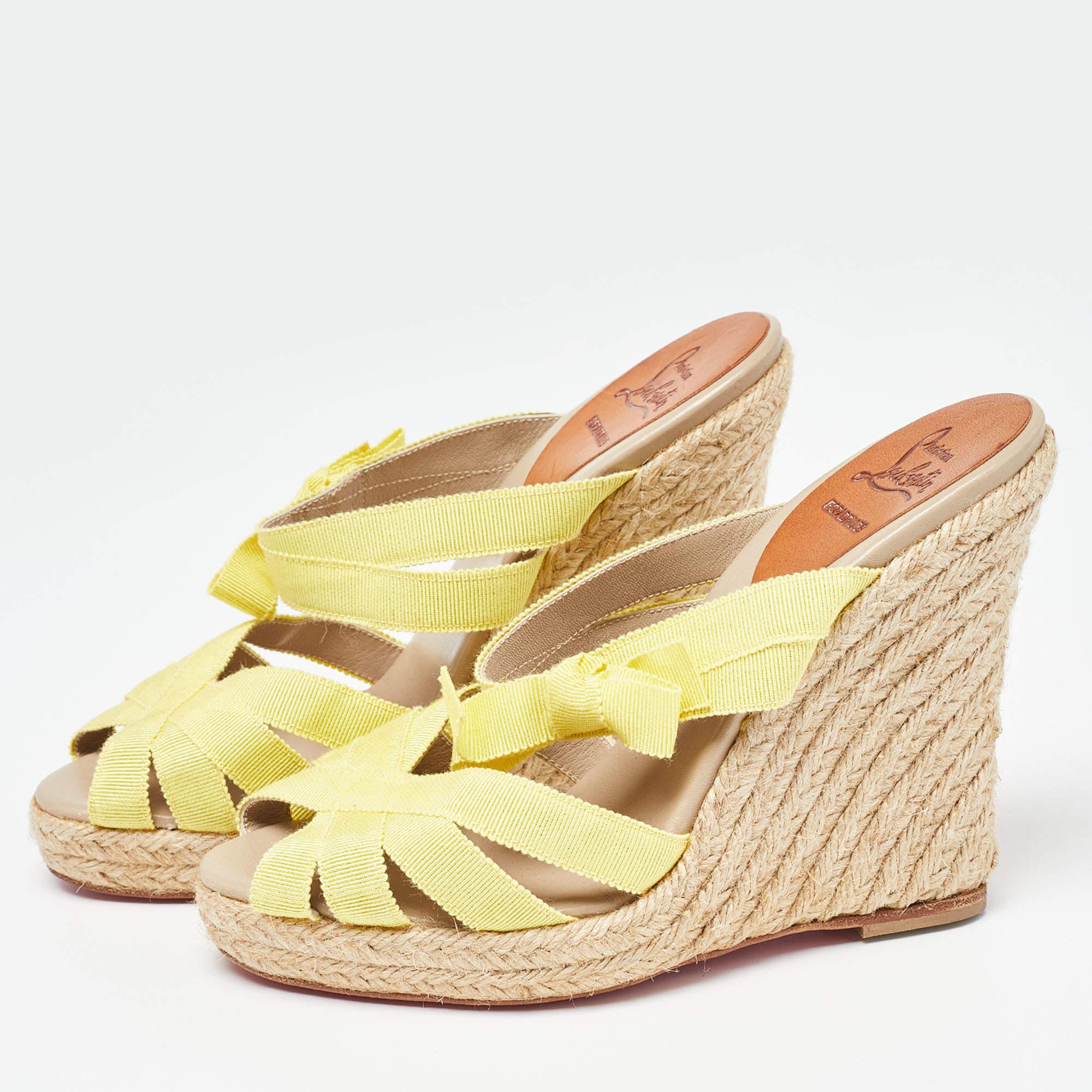 Christian Louboutin Yellow Fabric Delfin Espadrille Wedge Sandals Size 37 For Sale 3