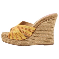 Christian Louboutin Yellow/Gold Lace Espadrille Wedge Slide Sandals Size 37