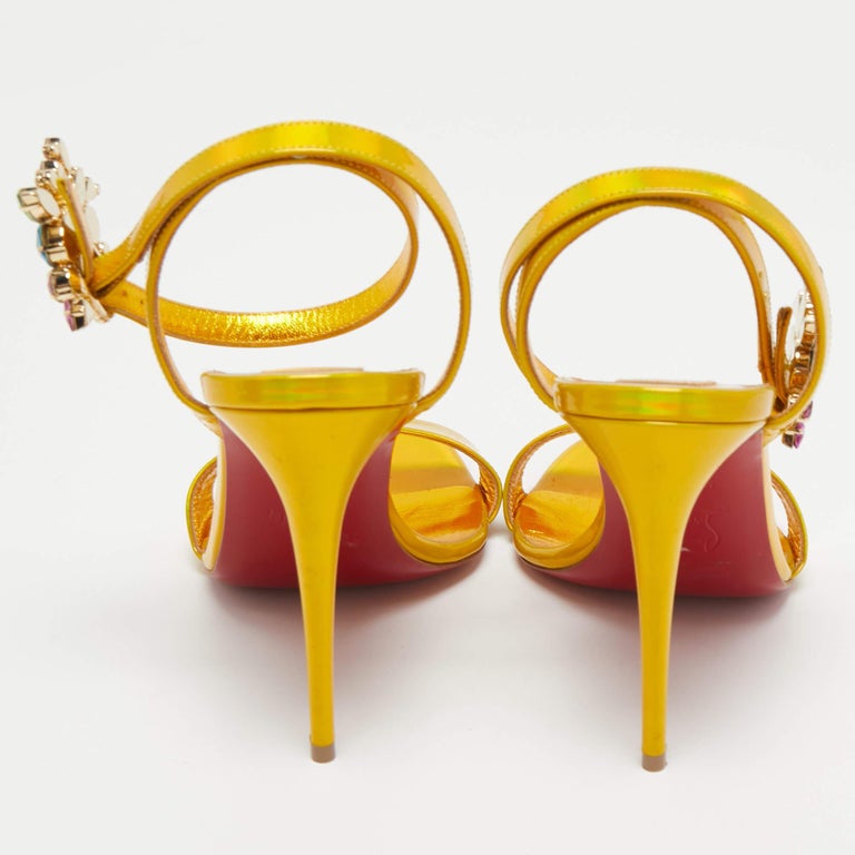 Christian Louboutin Yellow Iridescent Leather Goldie Joli Sandals Size